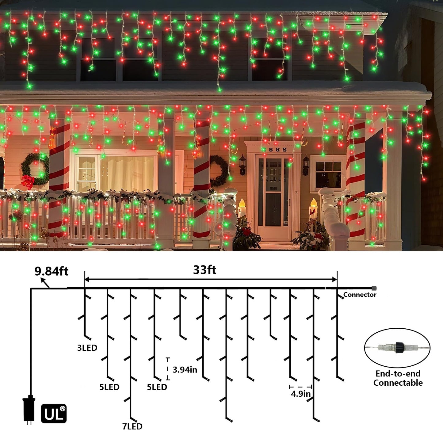 QITONG Red and Green Icicle Lights for Outside, 33ft 400 LED String Lights Indoor with 8 Modes, Clear Wire Connectable Icicle Christmas Lights Plug in