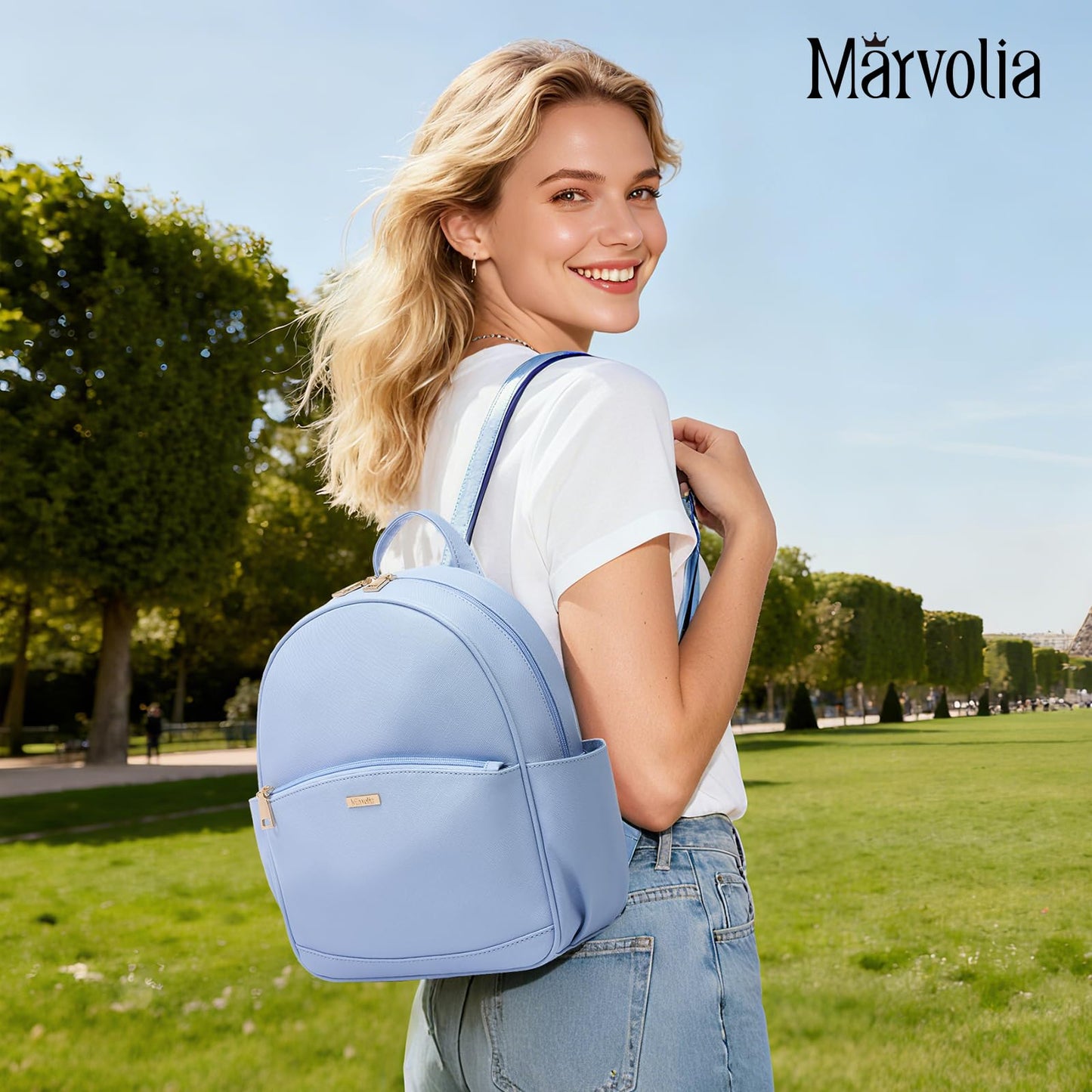 Marvolia Mini Backpack for Women - Leather Backpack Cute Backpacks with Multiple Pockets for Travel College Work - Blue