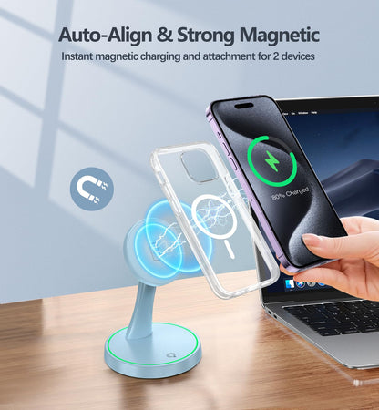 Magnetic Wireless Charger Stand 15W Fast Mag-Safe Charger for iPhone 17/17 pro/ 17 Air/ 17 pro max 16/15/14/13/12 Series Magnet Wireless Charging Station/Pad with Sleep-Friendly Light for AirPods