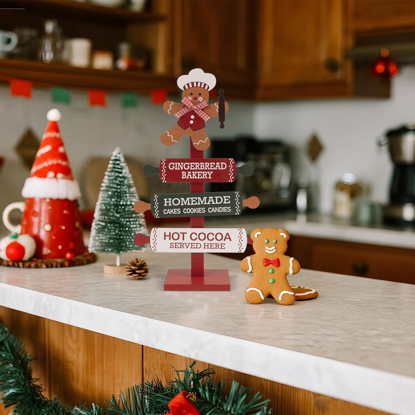 pechpell Wooden Gingerbread Bakery Sign, 15.7" Christmas Gingerbread Man Kitchen Tabletop Decorations, Indoor Holiday Wood Ginger Bread Stand Decorative Signage Table Centerpiece Decor for Home