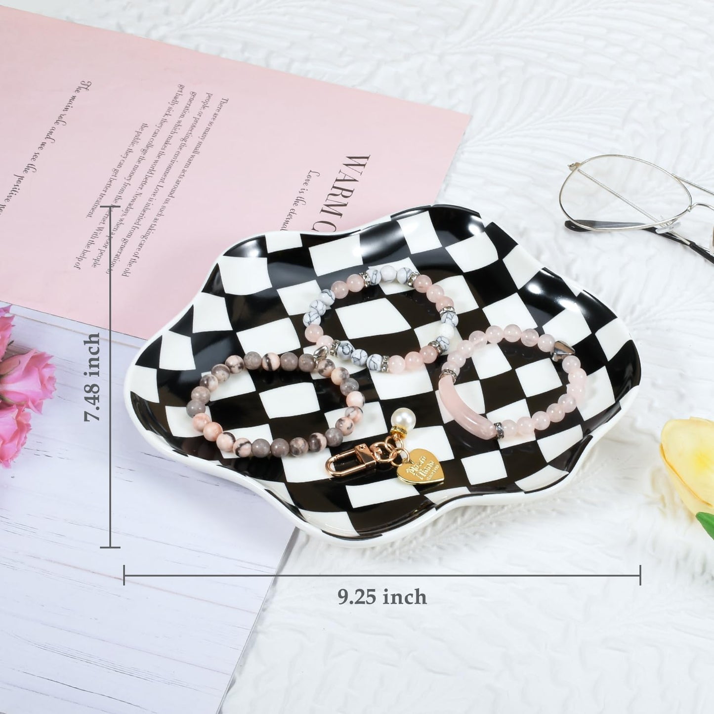 Koythin Jewelry Tray, Ceramic Jewelry Dish Trinket Tray Organizer, Checkered Pattern Aesthetic Decorative for Kitchen, Bathroom (Black and White Checkerboard)
