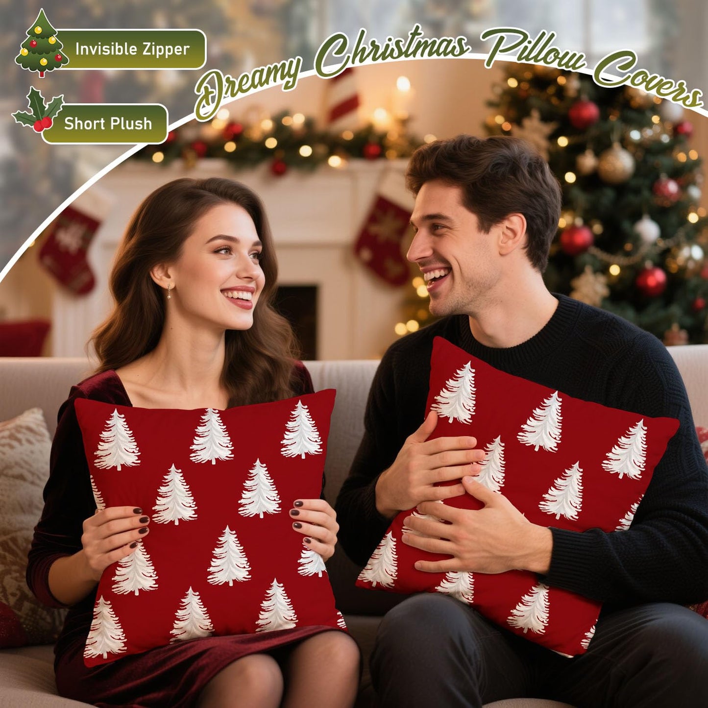 Artmag Christmas Pillow Covers 24x24 Inch Set of 2 Decorative Xmas Tree Red Throw Pillow Covers for Winter Holiday Decoration Coach Sofa Living Room
