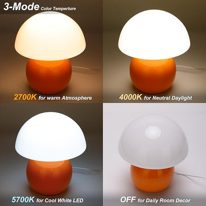 Small Mushroom Lamp,USB-Plug in Bedside Table Lamps with 3-Temperature LED Bulb Dimmable,Unique Cute Aesthetic Home Decor for Living Room,Bedroom, Modern Ceramic Base Glass Lamp(Orange)