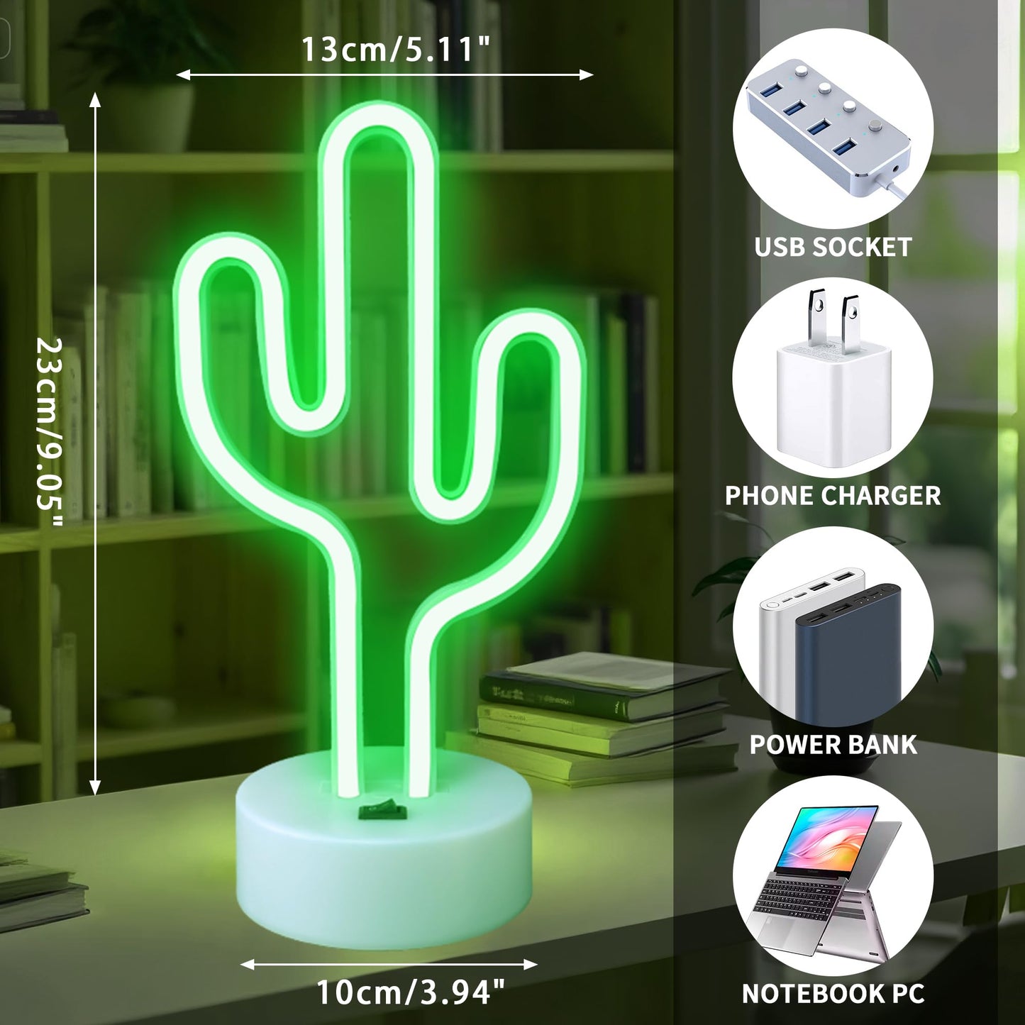 Green Cactus Neon Lights with Holder Base, Cactus Neon Signs for Bedroom, Tabletop, Bar, Birthday, Christmas Decor, Luau Summer, Mexican Party, Battery/USB Powered LED Night Light Children Gift