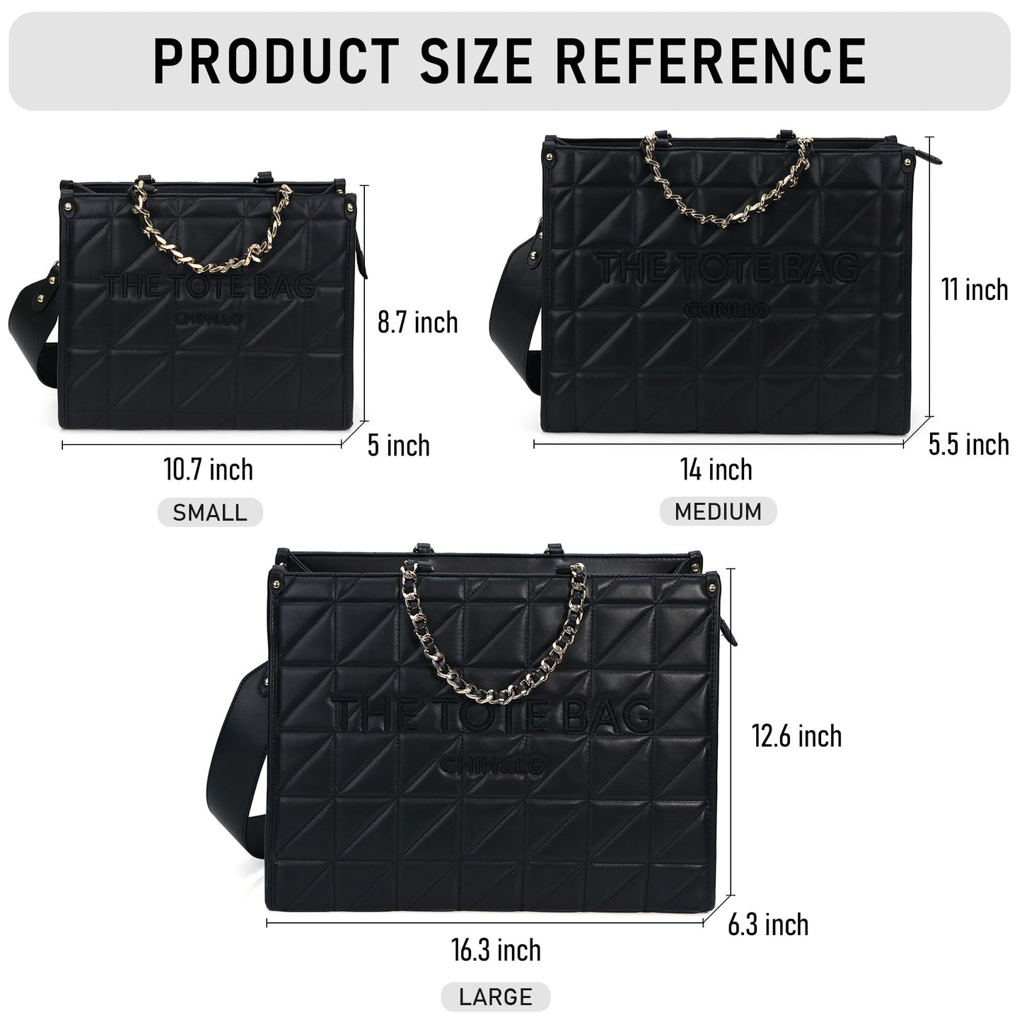 Chinllo Tote Bag for Women Laptop Quilted Chains Satchel Purse and Handbags with Shoulder Strap (E.Black-L)