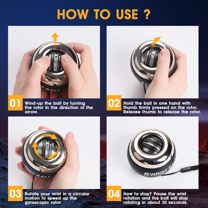 JIN BD Wrist Trainer Ball Auto-Start Gyroscopic Forearm Exerciser Gyro Ball for Strengthen Arms, Fingers, Grip and Muscles Silver-Metal (Colorful Light)