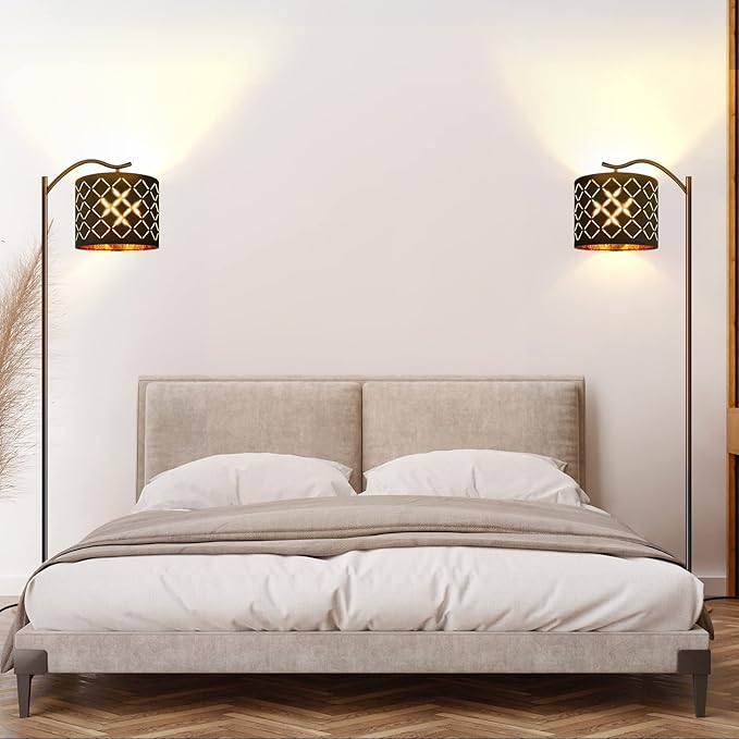 BoostArea 8W LED Arched Floor Lamp with Natural Linen Shade, Tall Modern Standing Lamp for Living Room, Office, Laser Square Shade