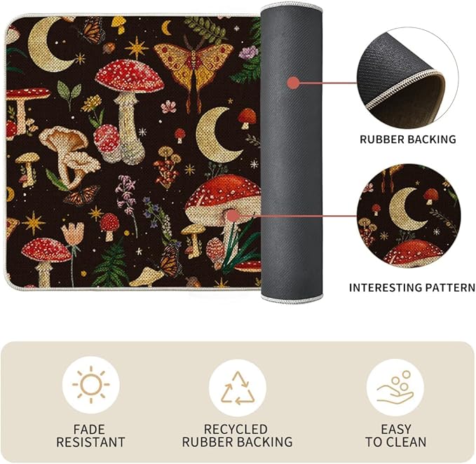 Artoid Mode Black Mushrooms Butterfly Spring Kitchen Mats Set of 2, Home Decor Low-Profile Kitchen Rugs for Floor - 17x29 and 17x47 Inch