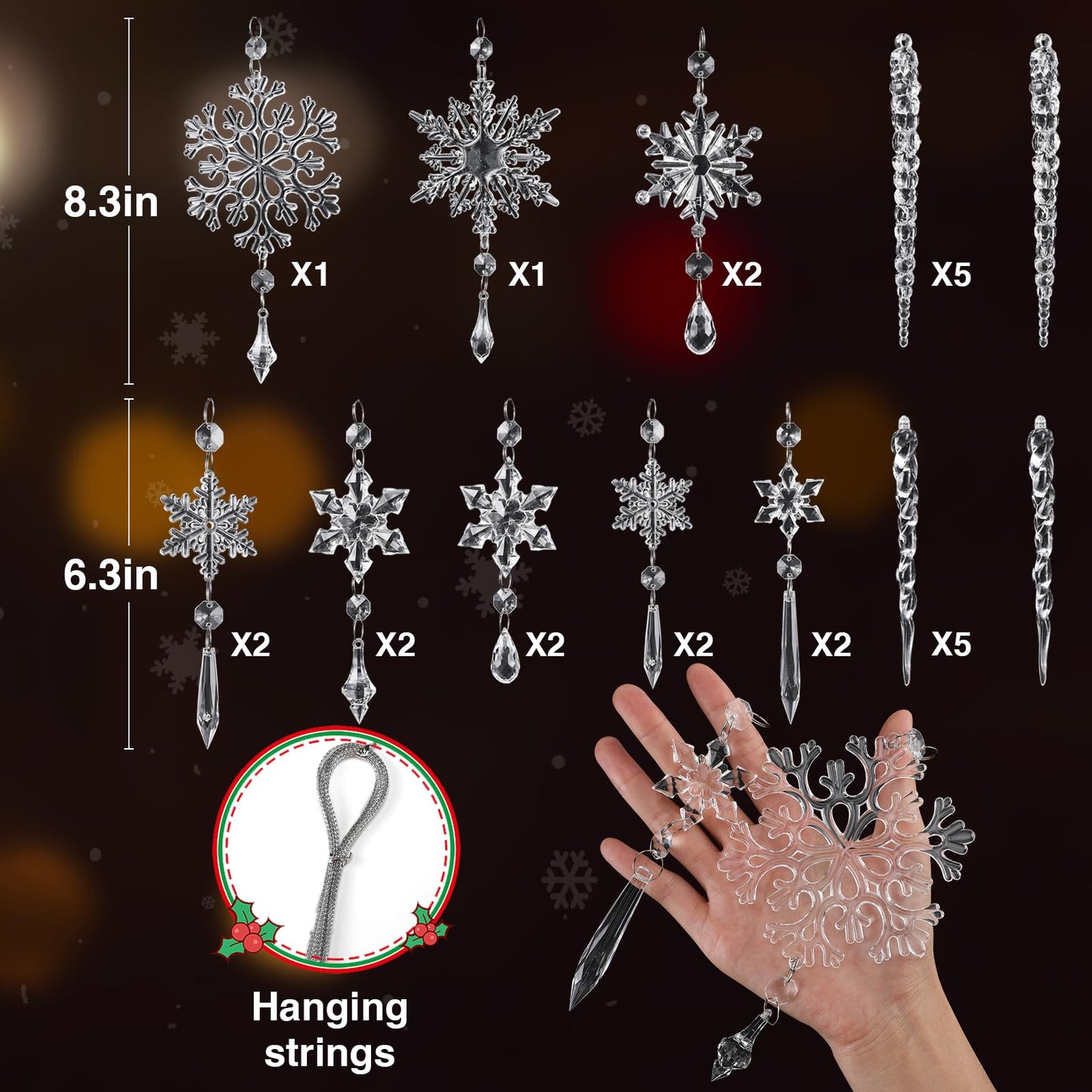 24pcs Snowflake Icicle Ornaments Christmas Tree Decorations - Large Crystal Acrylic Indoor Hanging Decor Set for Xmas Winter Themed Wonderland Party