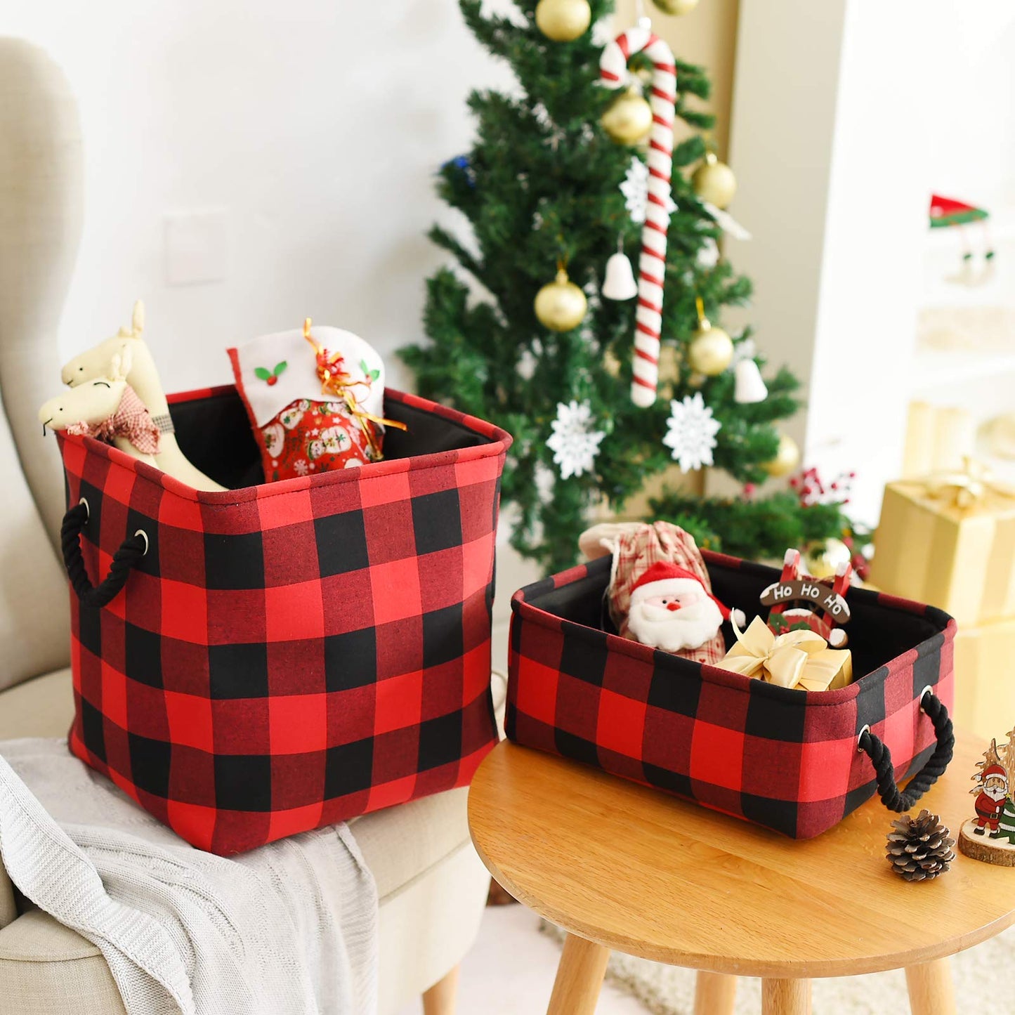 INough Red Christmas Baskets for Gifts Empty Red Gift Bag, Holiday Gift Baskets Empty Low Basket Buffalo Plaid Toy Bins Ornaments Storage Organizer for Baby Room, Kids Nursery, Home Holiday Decor