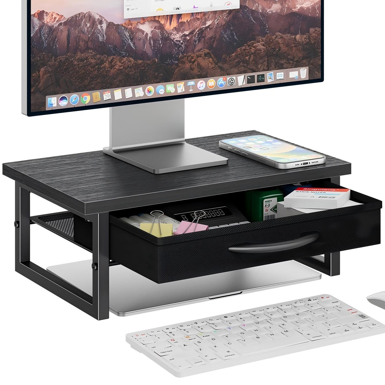 Ekisemio Computer Monitor Stand Riser, Desk Organizers and Accessories with Farbic Drawer, 2-Tier Wood and Metal Laptop Stand for Desk, Office Organizer Storage, Black