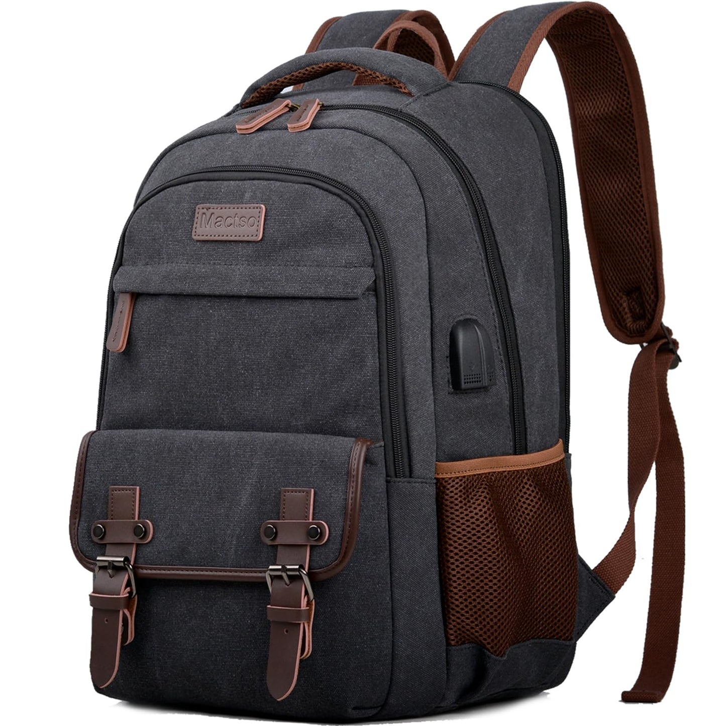 Mactso Canvas Travel Laptop Backpack for Men Women, Business Work Rucksack College Computer Bag Fits 17.3 Inch Notebook,Bookbag with USB Charging Port (Black, 17.3 Inch)