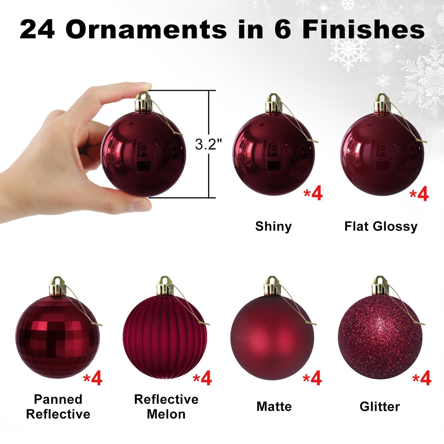 Maroon 3.2" Large Christmas Balls - Christmas Tree Decoration Ornaments Shatterproof Hanging Balls for Birthday Halloween Holiday Wedding Decorations Set of 24pcs