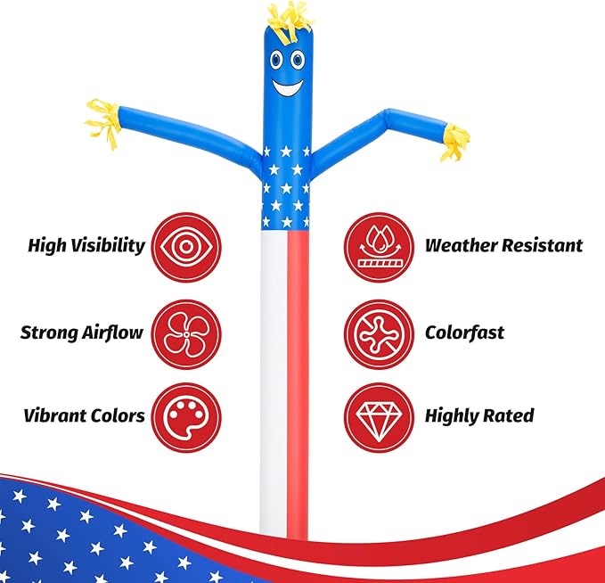 6ft Sky Air Puppet Dancer 9in Diameter Inflatable Waving Tube Man Attachment - Wacky Waving Dancing Tube Guy for Business Promotion Stand Out Advertising - American Flag Dancer ONLY - NO Blower