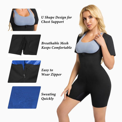 Meiosuns Sauna Suit for Women Ribbed Full Body Sweat Suits Weight Loss Jumpsuit Waist Trainer Shaper 4 in 1 Slimming Heat Trapping Sweat Shirt for Belly Fat Workout Gym Shapewear (Blue, L)