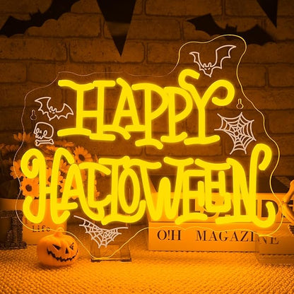 HAPPY HALLOWEEN Neon Sign, Bright Yellow LED Wall Light with Bats, Spider Webs & Skull, Halloween Party Decoration for Home, Bar, Dorm, Spooky Décor