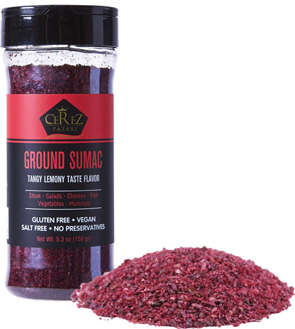 Cerez Pazari Sumac Spice Powder, Turkish Sumac Seasoning, Tangy Lemony Flavor, Middle Eastern And Mediterranean Spices, Gluten-Free, Easy To Use Flapper Spice Cap, 5.2 oz.