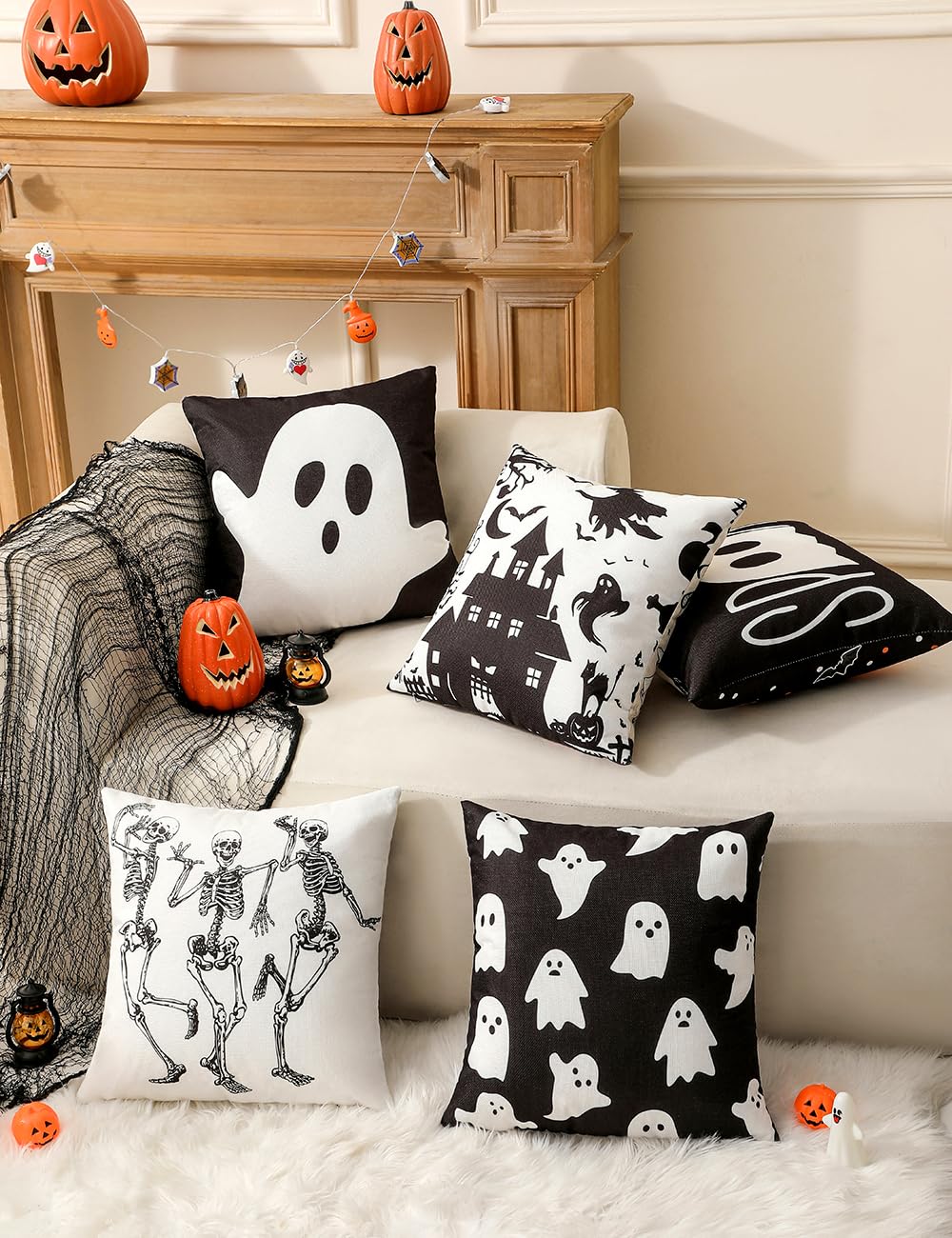 multiwins Halloween Decorations Set of 4 Double-Sided Print Ghost Pillow Covers 18" x 18", with 8 Cute Halloween Decor Patterns, Soft Linen Throw Pillow Covers for Outdoor & Indoor Use