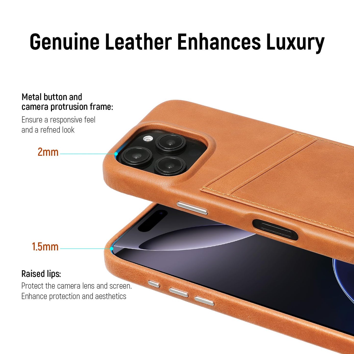 LUCKYCOIN 100% Genuine Leather Wallet Phone Case for iPhone 16 Pro, Slim Design with Card Holder, Shockproof Protective Cover, Microfiber Lining & Metal Buttons, for Men and Women, Tan