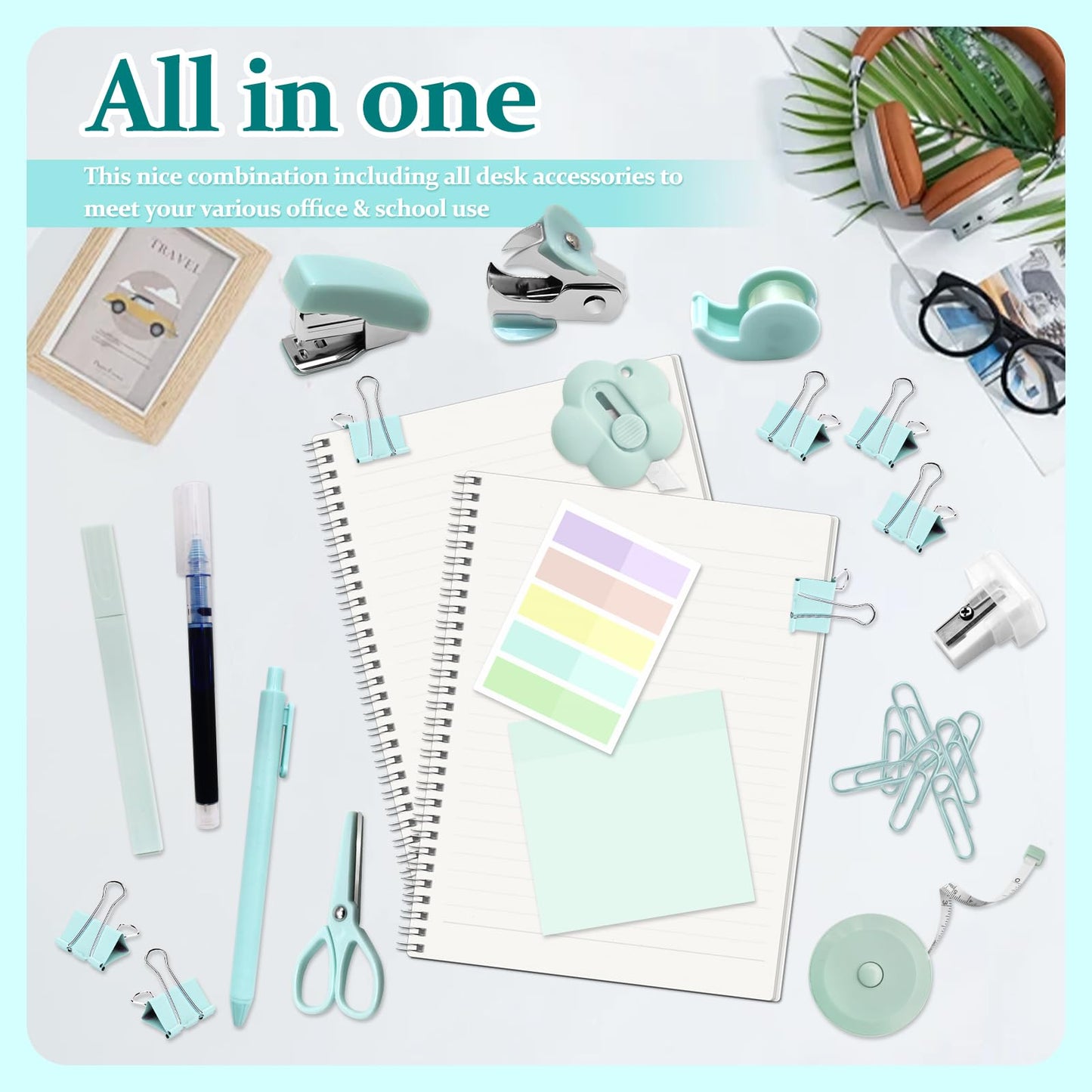 Mini Office Supplies, Teal Stapler with Staples and Tape Dispenser Set, Mini Stationary Kit Includes Sticky Notes Index Tabs Highlighters Gel Pens for Office & School Supplies (Teal)