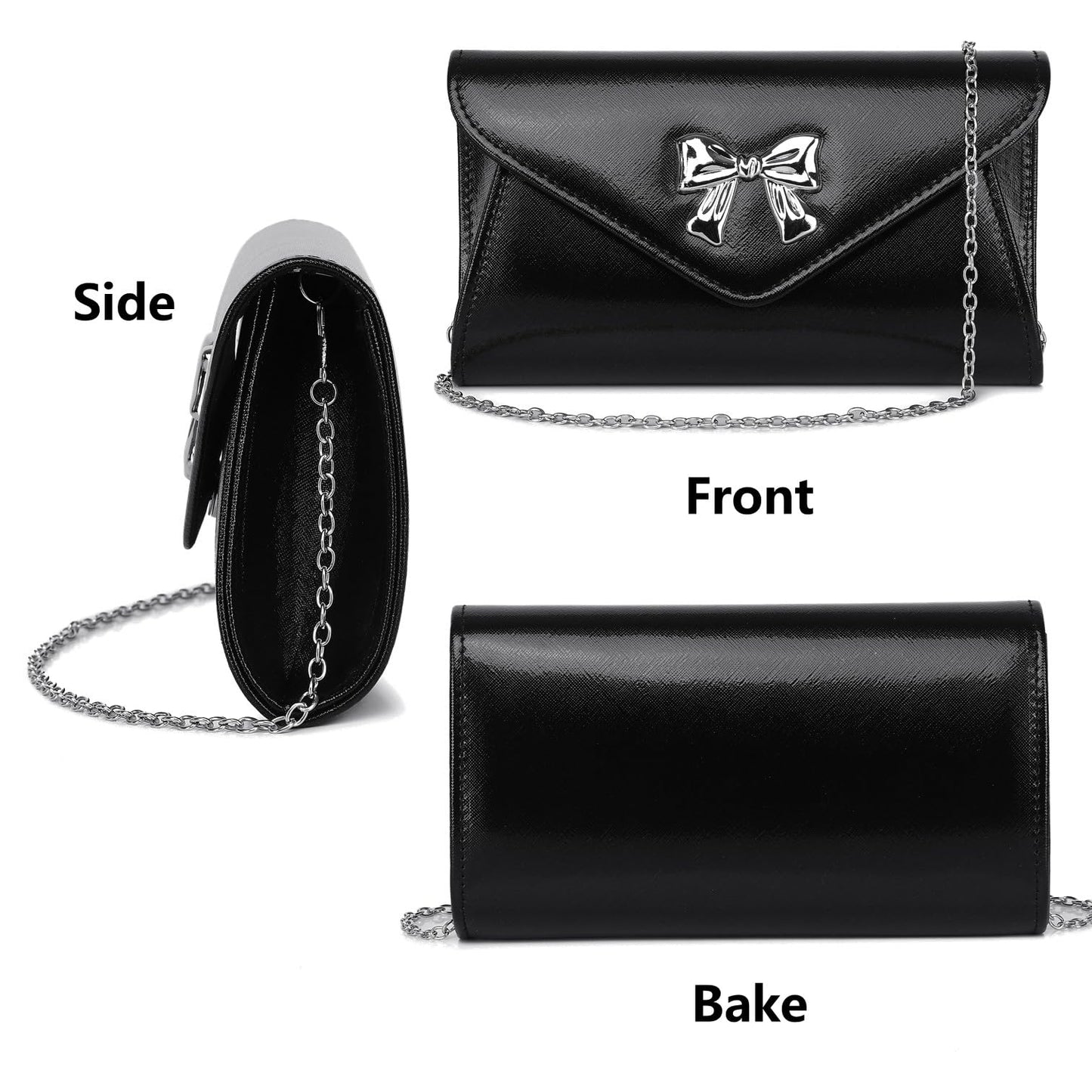 Gurina Evening Clutch Purse for Women with Bow Detail, Elegant PU Leather Shiny Party Bag with Detachable Chain Wedding Prom Handbag (Black L70)