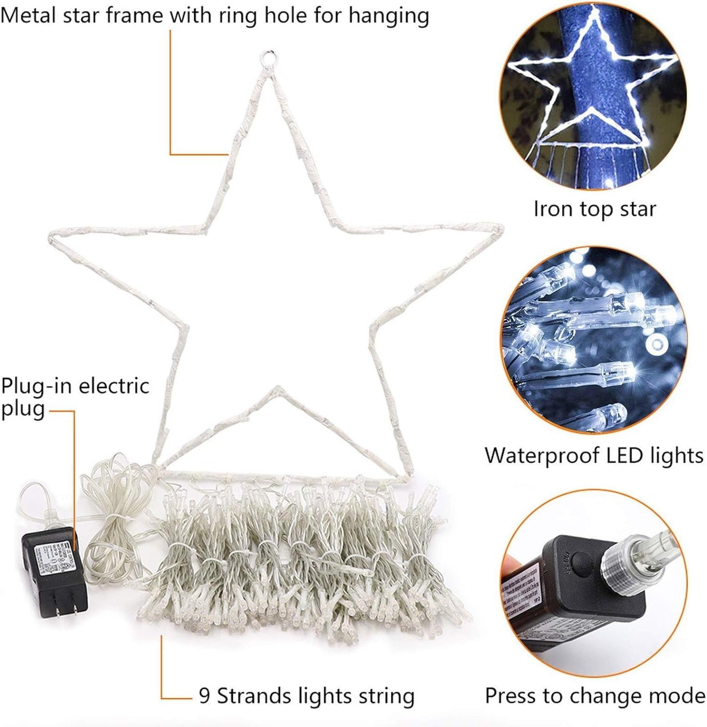 PUHONG Christmas Decorations, Christmas Star Lights Outdoor, 320 LED Christmas String Lights[8 Modes & Waterproof] for Halloween Xmas New Year Holiday(Iron) (White)