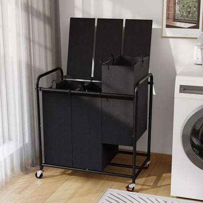 180L Laundry Sorter 3 Section – Heavy Duty Rolling Laundry Basket with Lockable Wheels and Lid, 3 Large Separate Removable Bags, Laundry Hamper Cart for Laundry Room Organizer