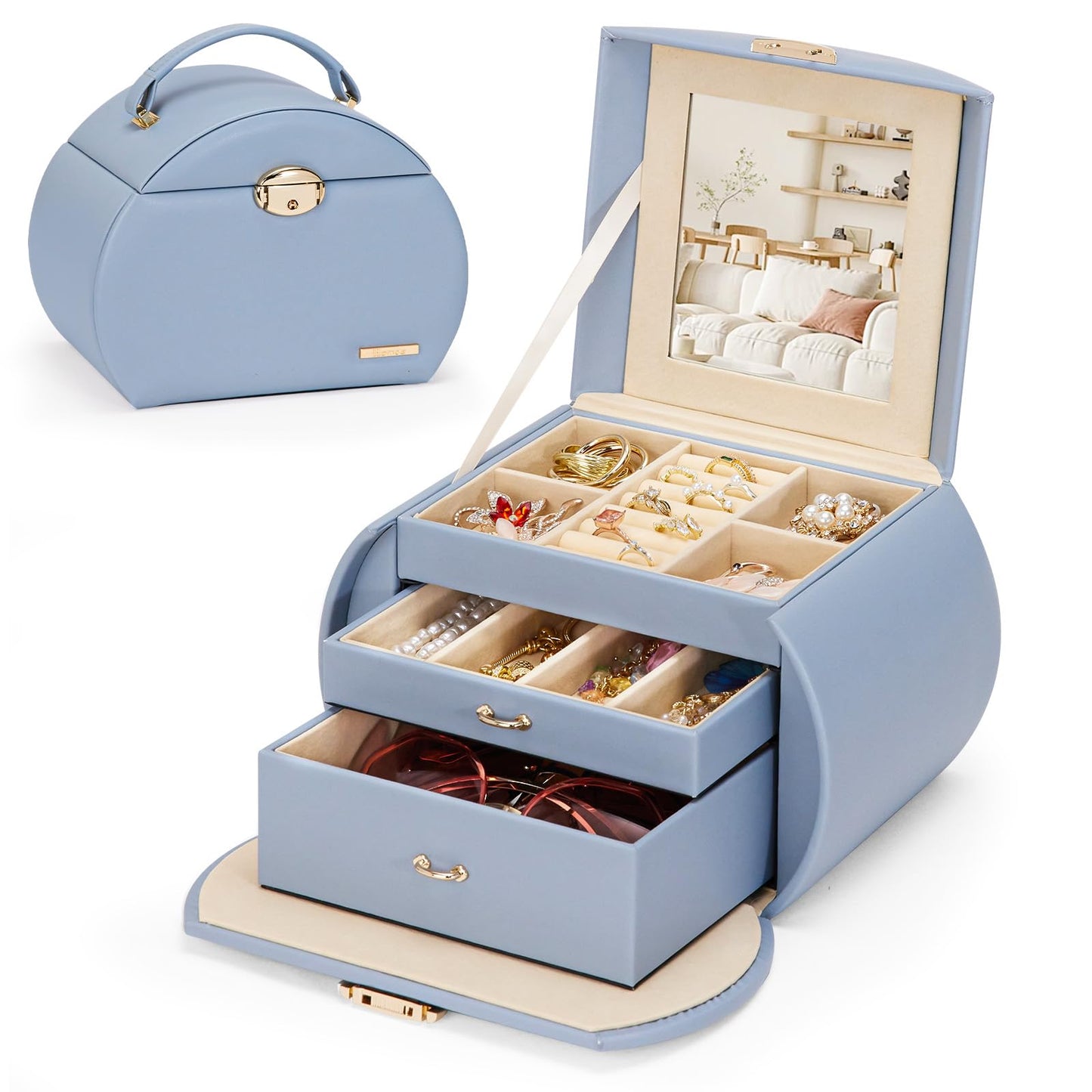 Homde Girls Jewelry Box Jewelry Storage Case Organizer Faux Leather with Mirror for Rings, Earrings, Bracelets, Necklaces (Grey Blue) - Gifts for Mother's Day