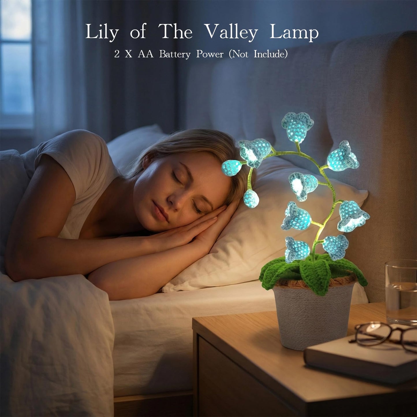 AVEKI Lily of Valley Lamp, Handmade Crochet Artificial Flower Lamp with Warm Light, Cute Desk Lamp for Bedroom, Battery Power Decor LED Night Light, Gift for Mom Daughter Girlfriend (Warm) (Blue)