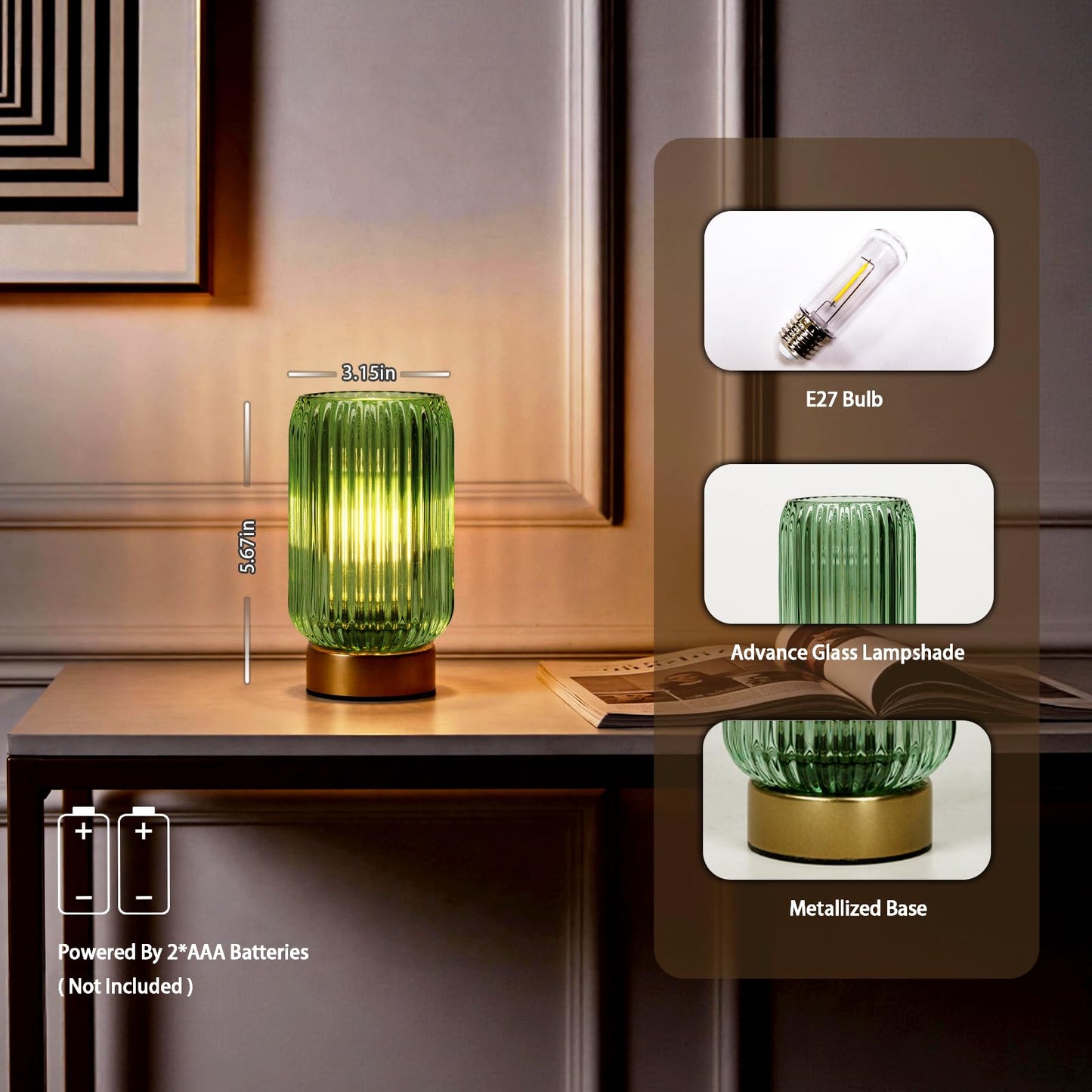 MJ PREMIER Cordless Lamp, Battery Operated Lamp with Timer, Green Glass Lampshade, Small Table Lamps for Area No Plug, Decorative Led Light for Bedroom Living Room Shelf (Green)