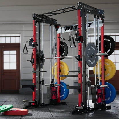 RitFit M1 Pro Smith Machine with LAM1 Adjustable Lever Arm Attachment, All-in-One Power Cage, Power Rack with LAT Pulldown & Cable Crossover System for Home Gym(Red with Weight Stack,CP230)