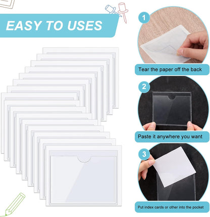 Chinco 50 Pack Clear Adhesive Pockets, Labels for Storage Bins, Plastic Self Adhesive Index Card Holder with Top Open for Organizing Bins Box Drawer(3.1 x 3.9 Inches)