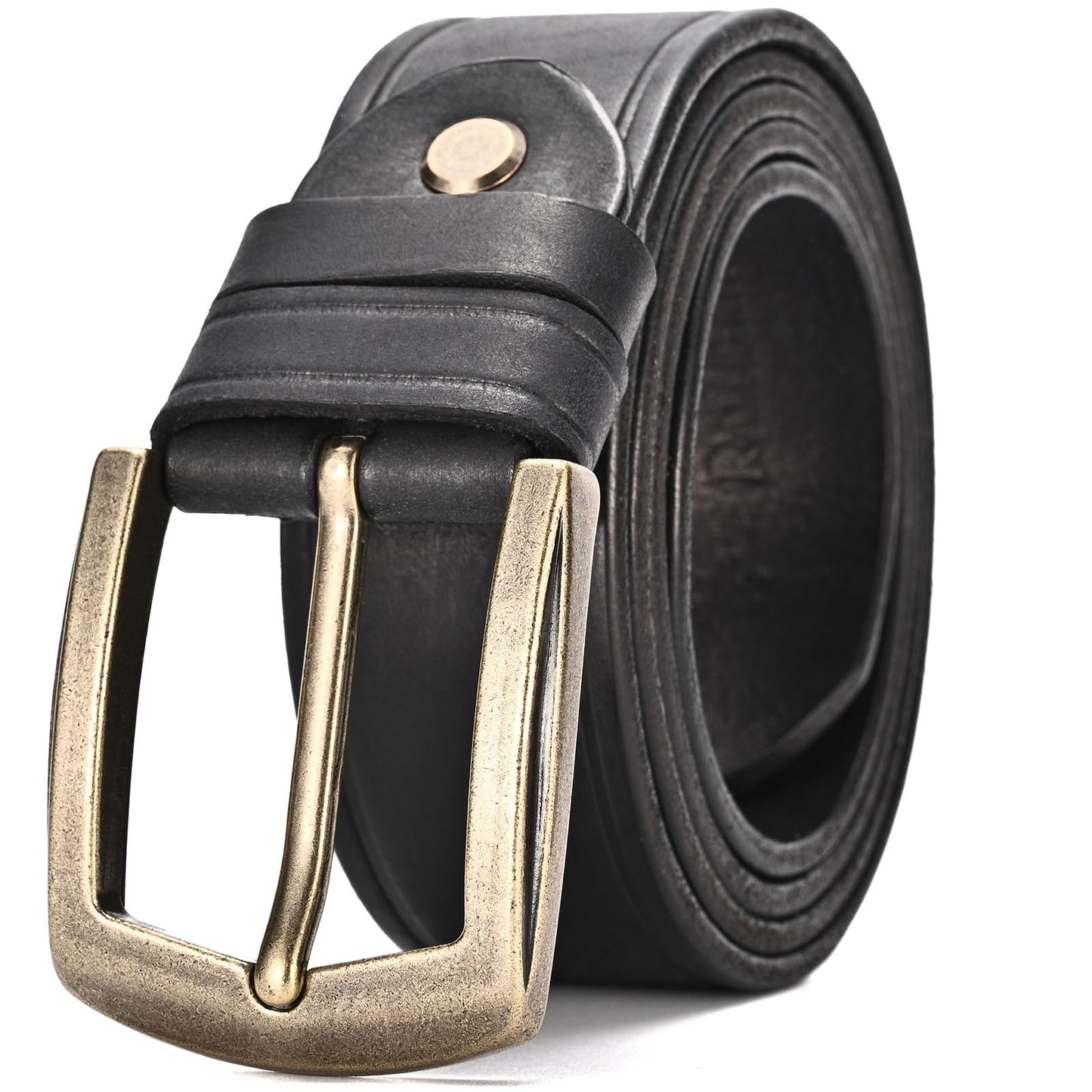 Rollslatte Men Leather Belt with Retro Brass Buckle, Plain Black Western Cowboy Real Italian Full Grain Genuine Pure Leather Mens Belts Casual for Jeans Size 34