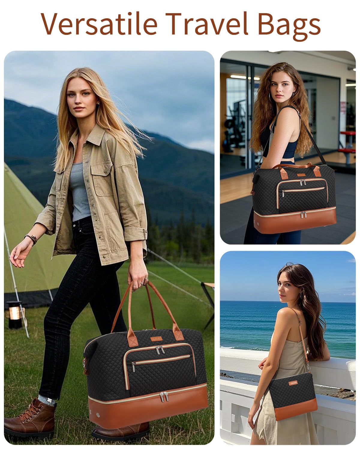 CLOKARS Weekender Bags for Women, Travel Duffle Bag Carry On Overnight Bag with Cosmetics Bag and Crossbody Purse for Gym Hospital, Gifts for Women, Black Brown