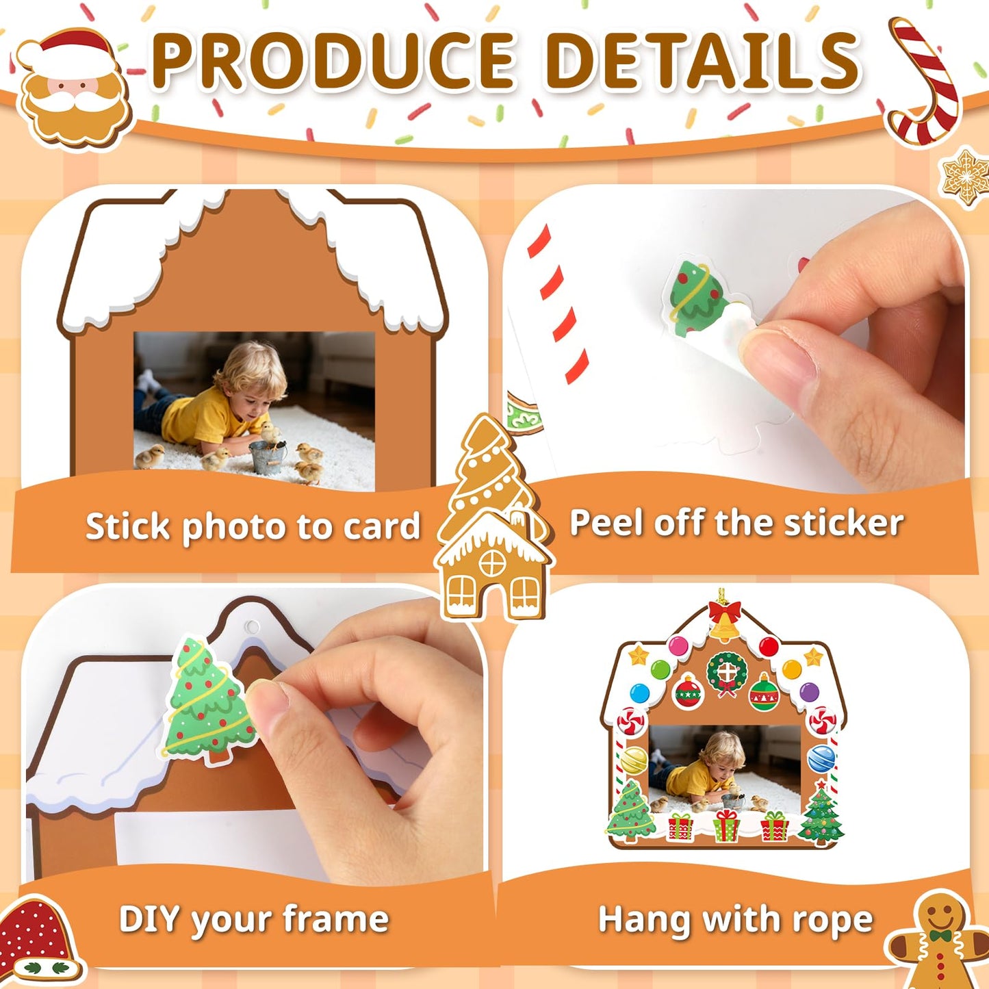 30 Packs Christmas Picture Frame Craft Kits for Kids DIY Xmas Gingerbread House Candy Photo Craft Hanging Frame gingerbread cookie Ornaments for Holiday Art Decorations Home Class Game Activities