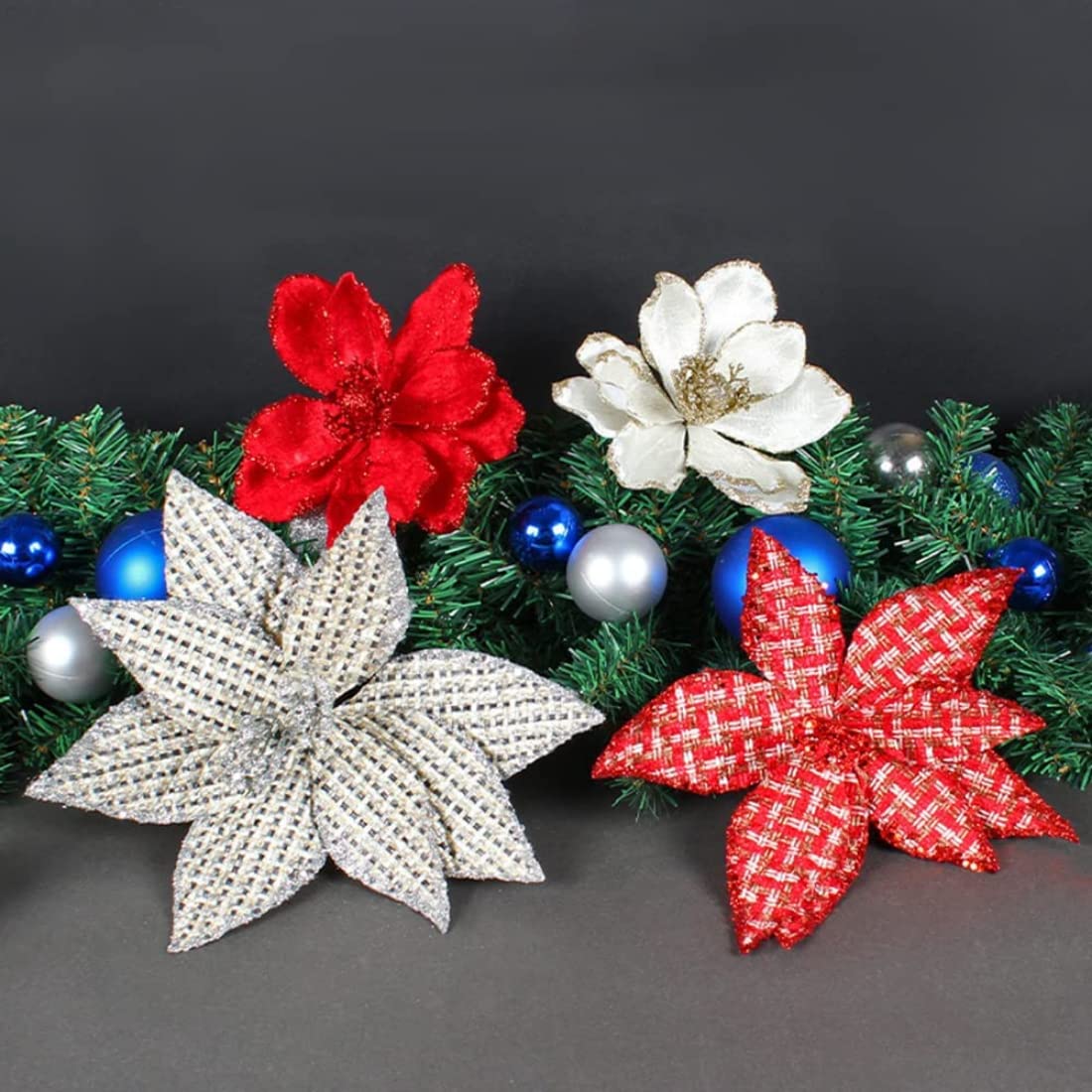 JAIJY 12 Pcs Christmas Tree 10.6 Inches Fake Flower Artificial Flowers Xmas New Year Floral DIY Wedding Party Bouquets Decor