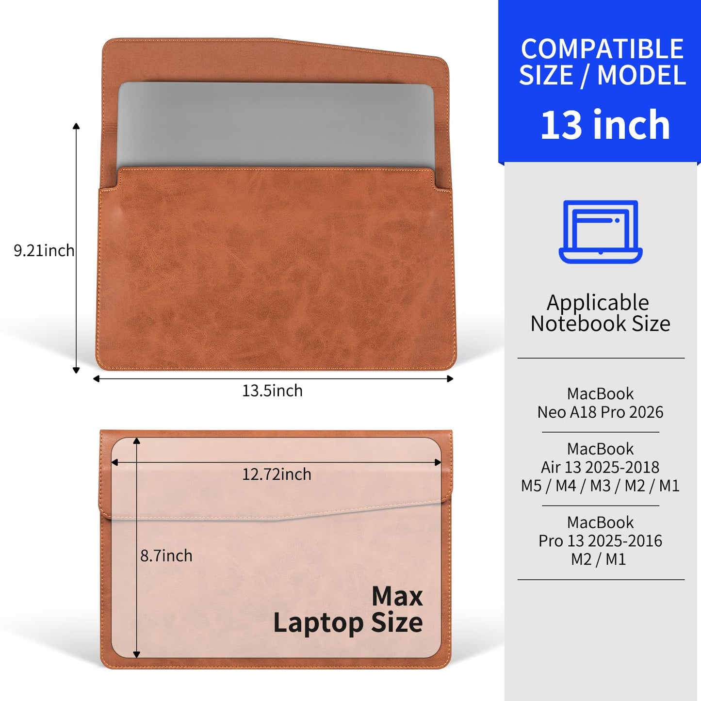 CPNVWA 13 Inch Leather Laptop Sleeve Compatible with MacBook Neo 13" 2026 & MacBook Air/Pro 13" (M5/M4/M3/M2/M1, 2025-2018), Magnetic Buckle Closure Protective Case Cover,Brown