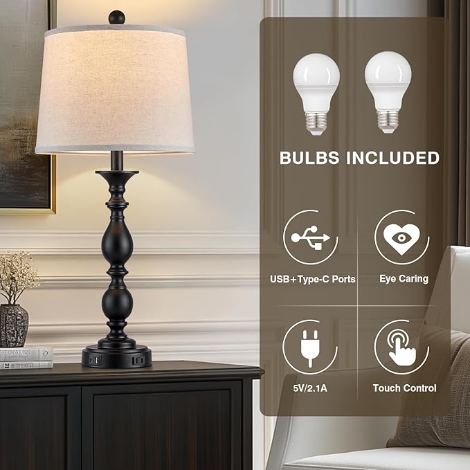 28" Tall Modern Table Lamps Set of 2 with USB C+A Ports and AC Outlet, 3 Way Touch Metal Bedside Lamps for Living Room, Black Farmhouse Nightstand Lamps for Bedroom