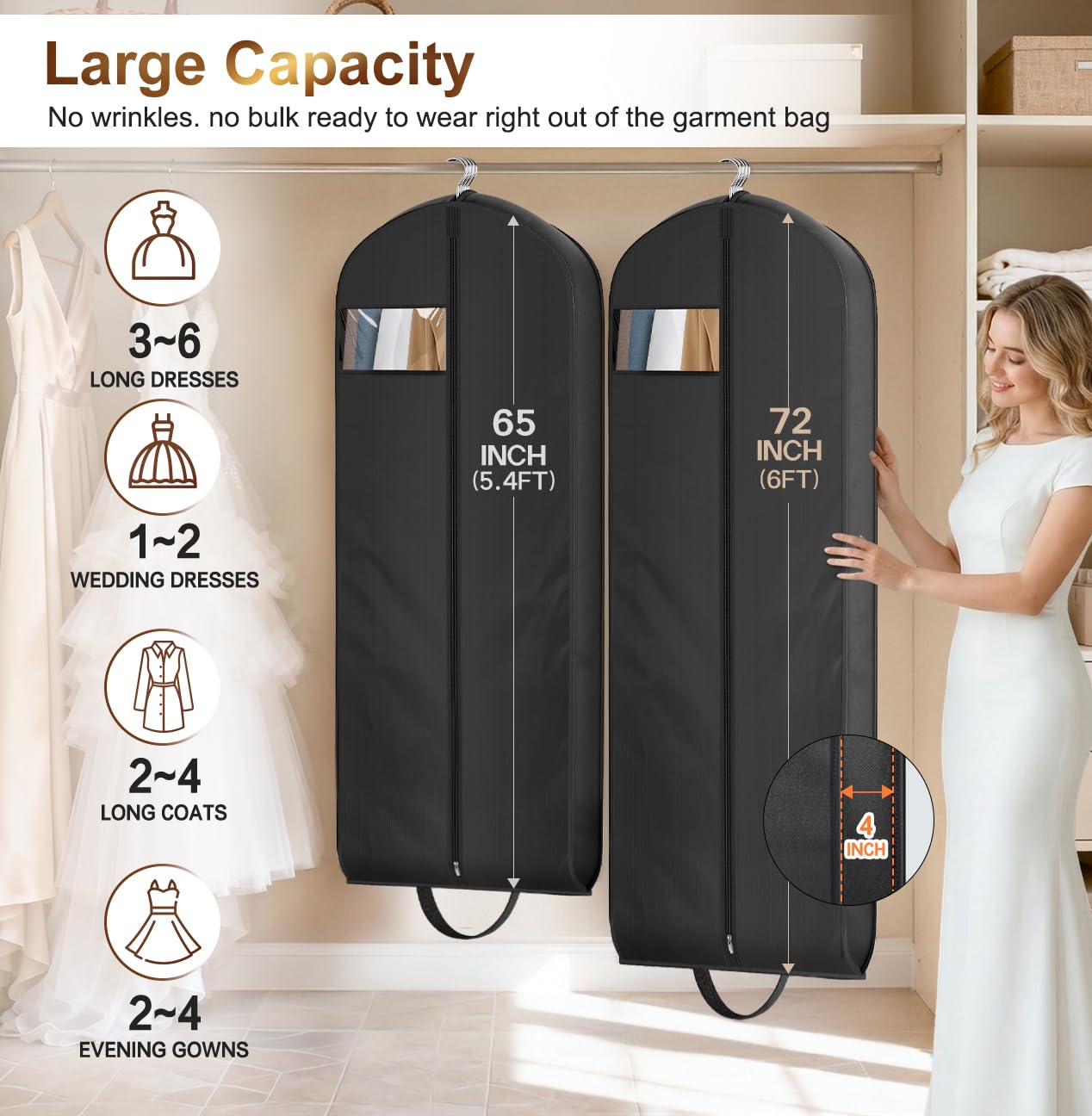 MISSLO 72" Wedding Dress Garment Bag for Travel Waterproof Dress Bags for Gowns Long 4" Gusseted Dresses Protector Bag for Closet Storage Clothing Covers for Hanging Clothes, Black