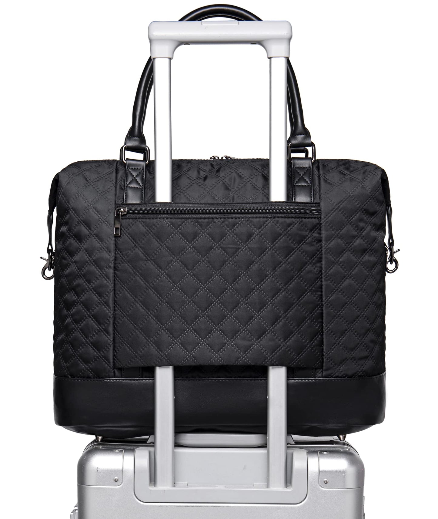 Women Ladies Weekender Carry-on Tote Bag Overnight Duffel in Trolley Handle (Quilted black)