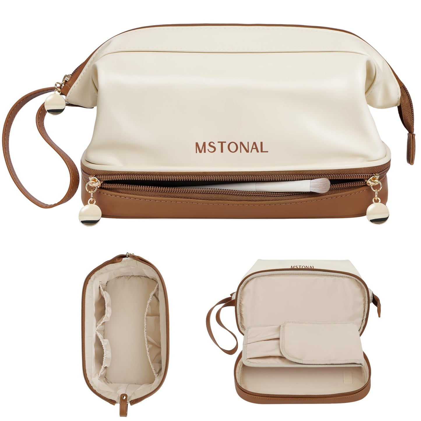 MSTONAL Travel Makeup Bag, Large Capacity Double Layer Cosmetic Bags for Women, Waterproof Portable Make Up Skincare Pouch with Makeup Brush Organizer, Toiletry Bag for Essentials, Beige & Brown