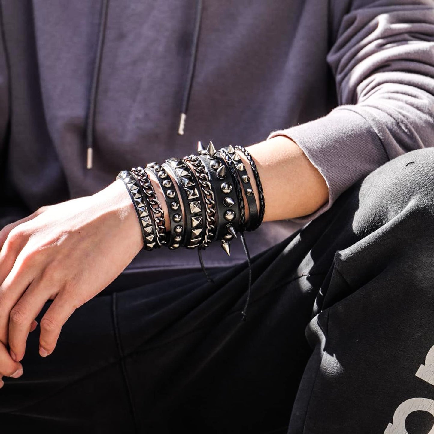 Eigso 3 Pcs Oldschool Cool Punk Steampunk Studded Spikes Rivets Vintage Leather Wide Bracelets for Men and Women with Adjustable Buckle