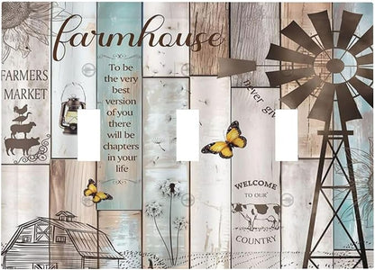 Rustic Western Farmhouse Windmill 3 Gang Light Switch Covers Vintage Barn Wooden Plank Inspirational Quote Triple Toggle Wall Plate Decorative Switchplate Electrical Faceplate