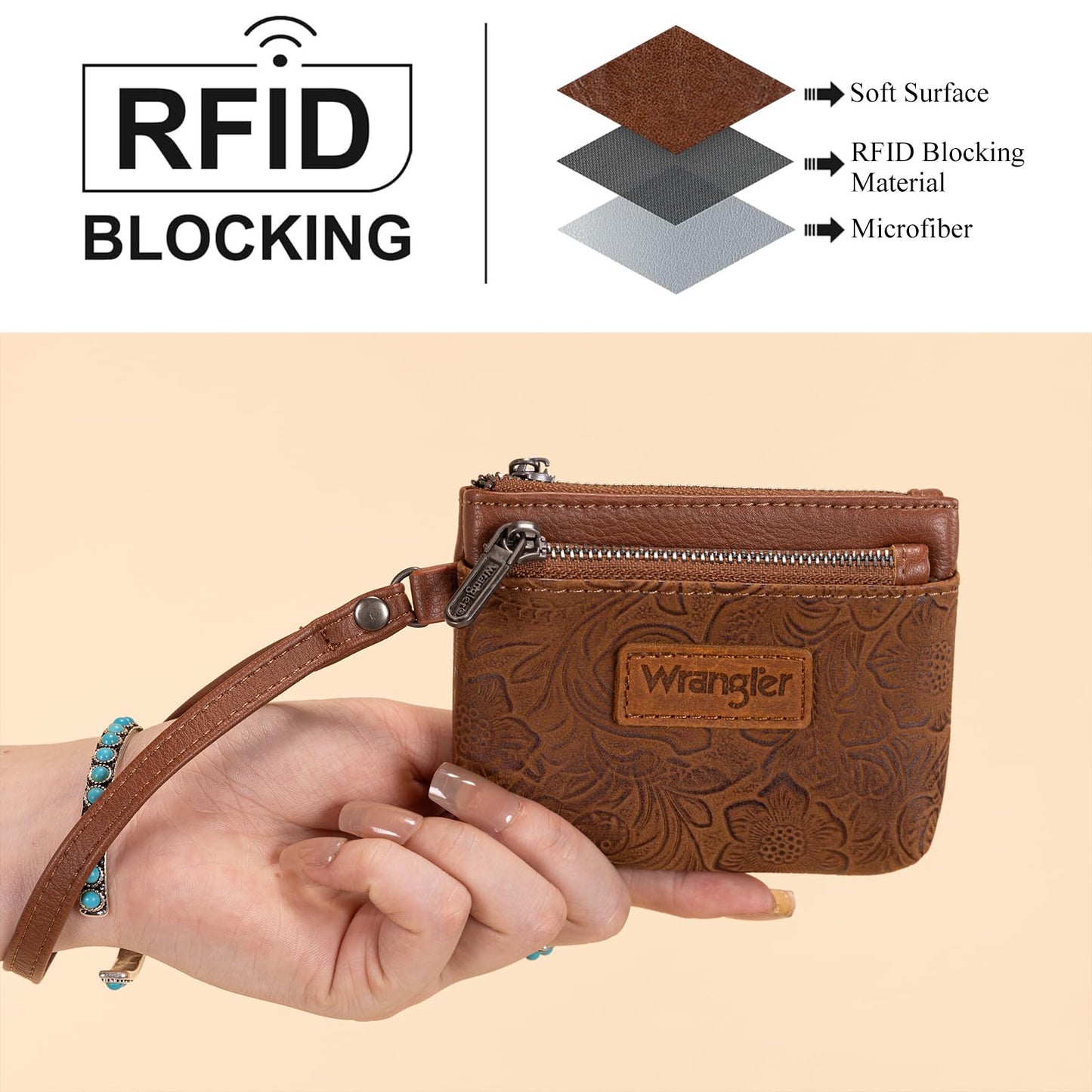 Wrangler Coin Purse for Women RFID-blocking Floral Embossed Change Pouch Wristlet Wallet Lightweight Portable Wallets Brown