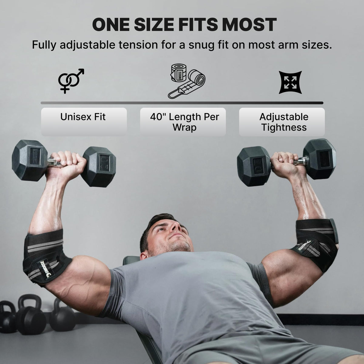 DMoose Fitness Elbow Wraps for Weightlifting (Pair) - 40'' Adjustable Elbow Strap for Gym Workout & Bench Press, Compression Elbow Wraps for Tendonitis & Joint Support, Elbow Sleeve (White Stripes)
