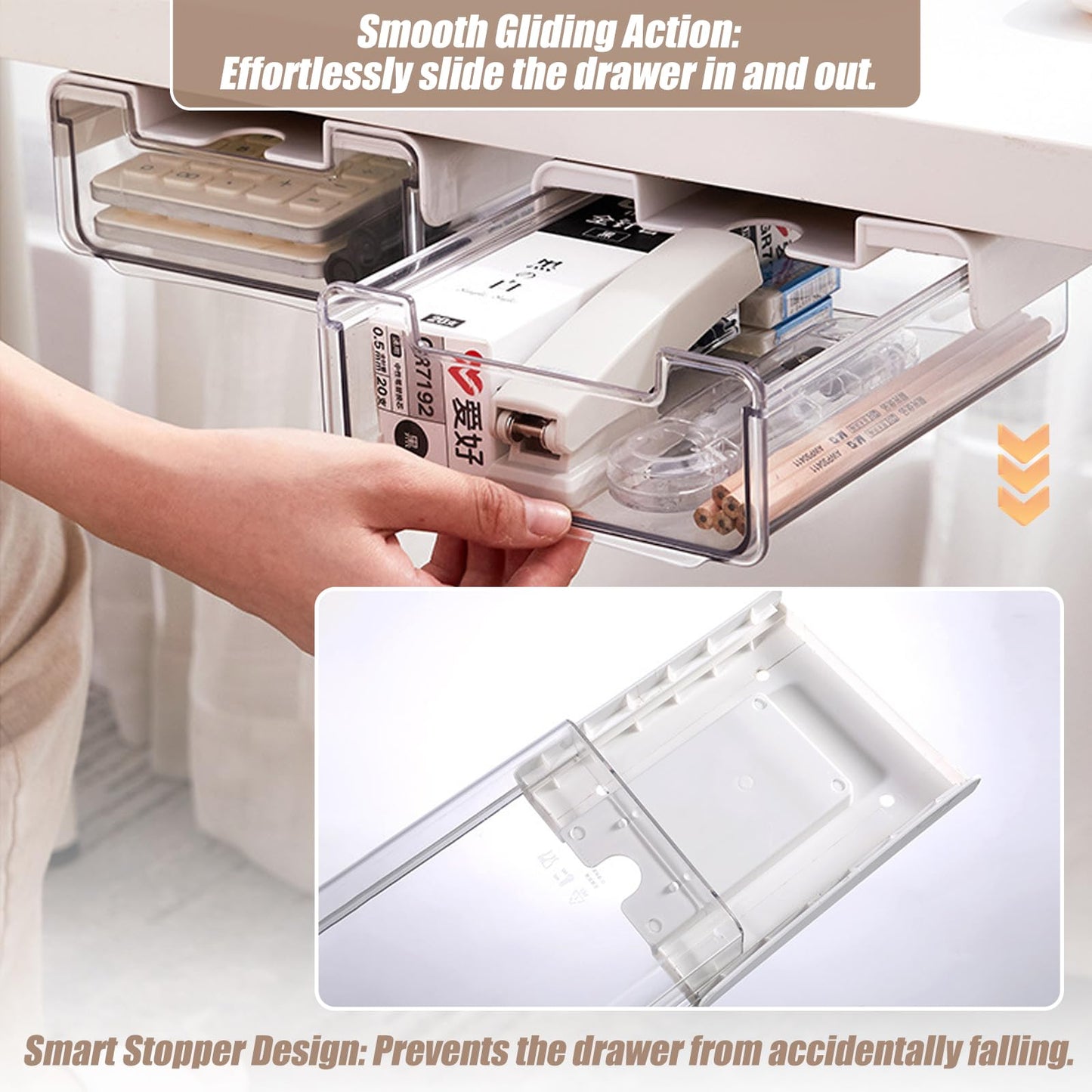 TooCust 2 Pack Under Desk Storage Drawers Slide Out-Drill-On or Self-Adhesive,Large&Medium Drawer Under Desk Organizer Under Table Drawer for Home Office School Organization and Storage