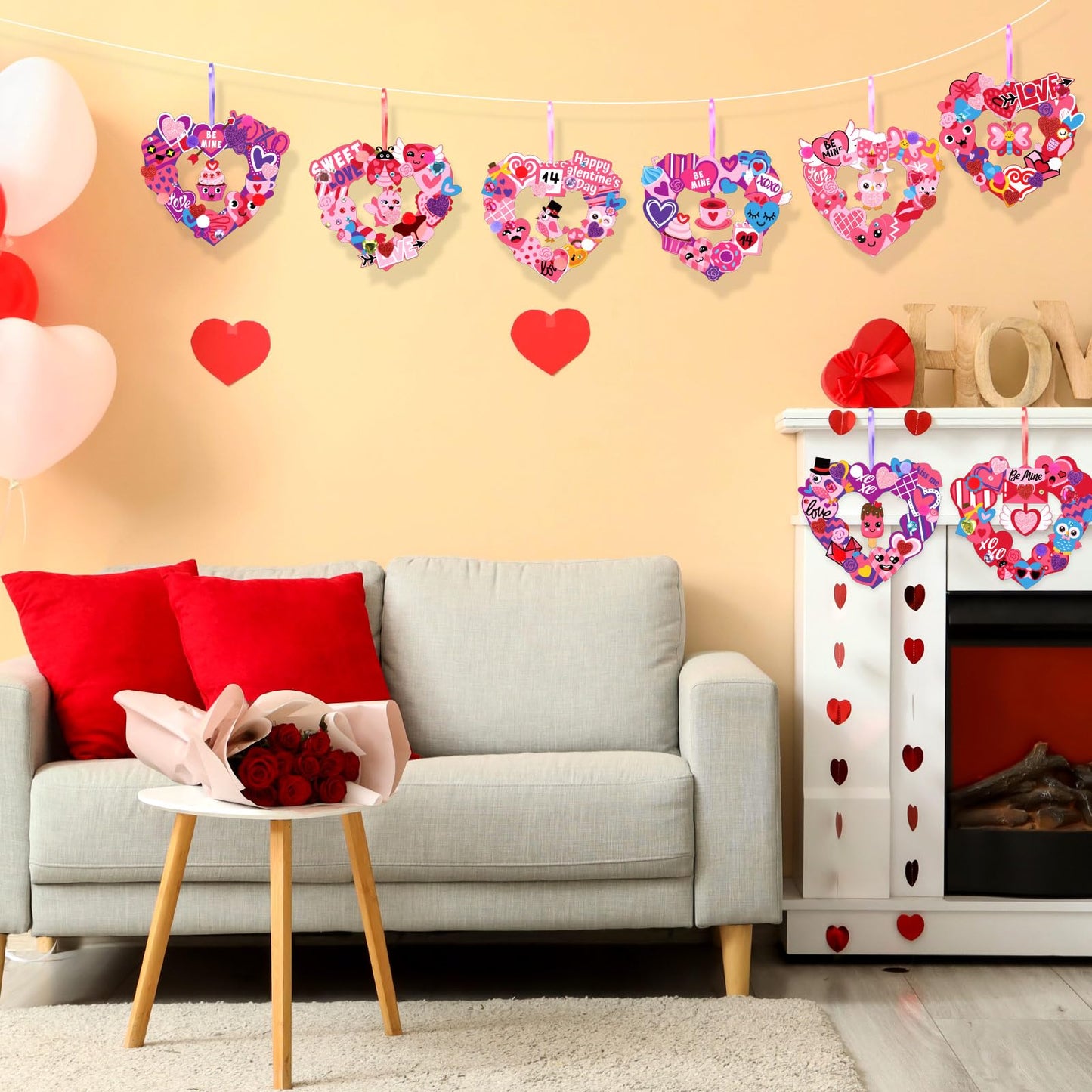 Hollowfly 48 Sets Valentine‘s Day Wreath Craft Kits DIY Wreath Hanging Ornaments Make Your Own Paper Craft with Stickers for Home Party Favors Activities