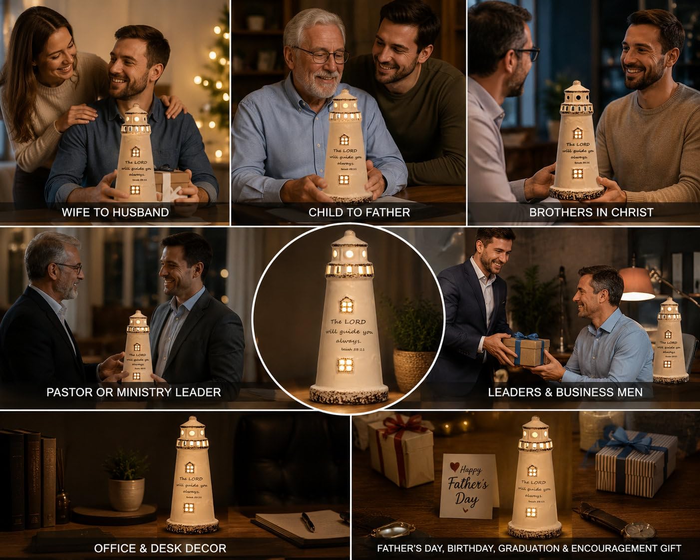 DAILYBREAD hristian Lighthouse Lamp for Men – Ceramic LED Night Light with Scripture Verse, Inspirational Gift for Dad, Husband, Pastor, Christian Home Decor 8" H