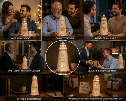 DAILYBREAD hristian Lighthouse Lamp for Men – Ceramic LED Night Light with Scripture Verse, Inspirational Gift for Dad, Husband, Pastor, Christian Home Decor 8" H