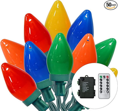 27.5Ft C7 LED Battery Operated Christmas Lights Outdoor with Timer, 8 Mode Twinkle Multicolor Christmas Tree Lights Indoor Outdoor Waterproof for Light up Christmas Tree Home Yard Decor, 50 LED Bulbs